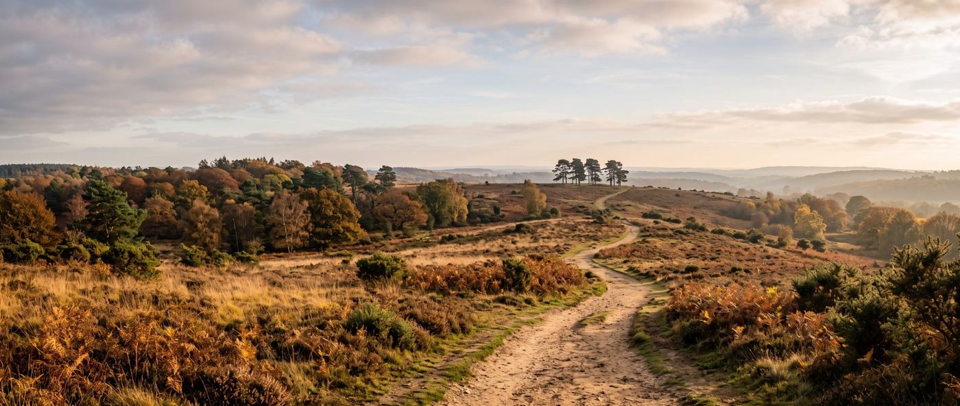 A sandy track across Ashdown Forest heath in autumn, with a clump of Scots pines on the skyline